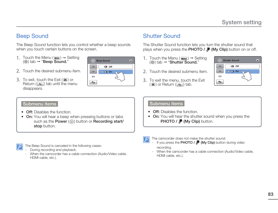 Beep sound, Shutter sound, System setting beep sound | Samsung HMX-H405BP User Manual | Page 83 / 121