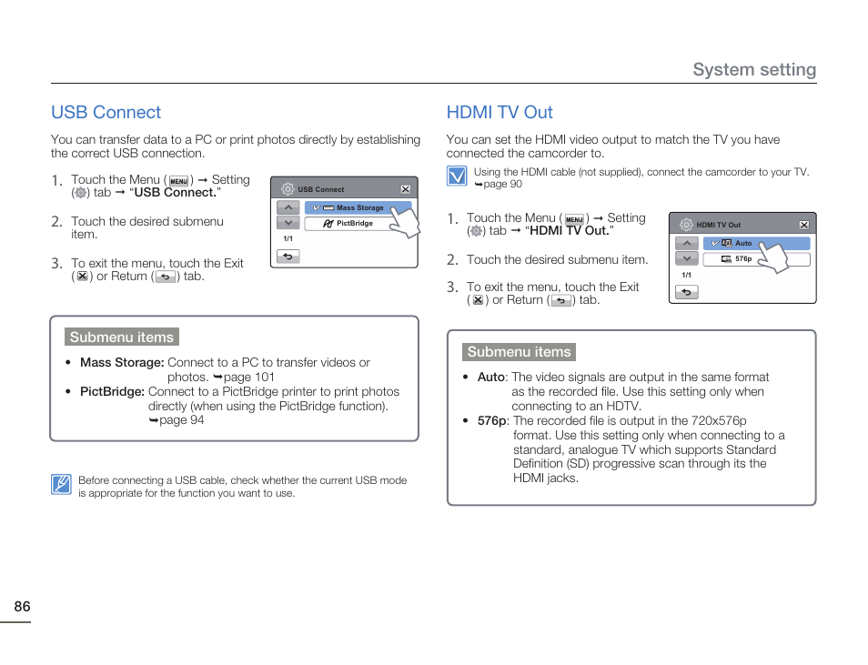Usb connect, Hdmi tv out, System setting usb connect | Samsung HMX-H405BP User Manual | Page 86 / 121