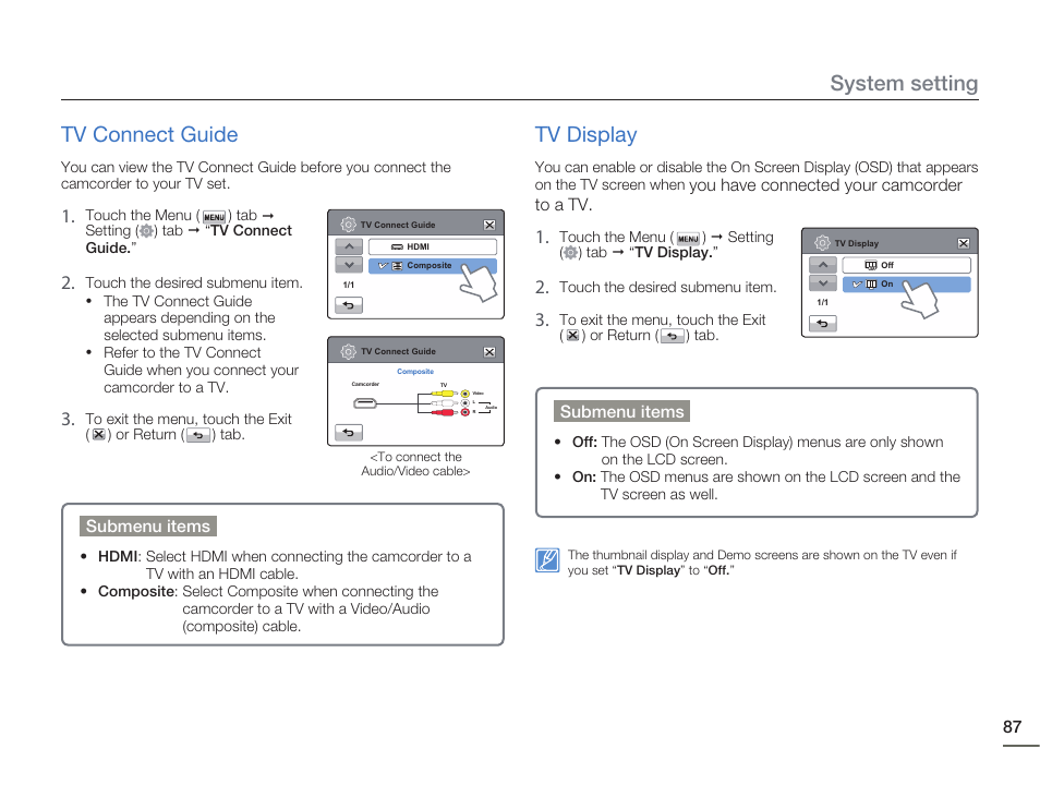 Tv connect guide, Tv display, System setting tv connect guide | Samsung HMX-H405BP User Manual | Page 87 / 121