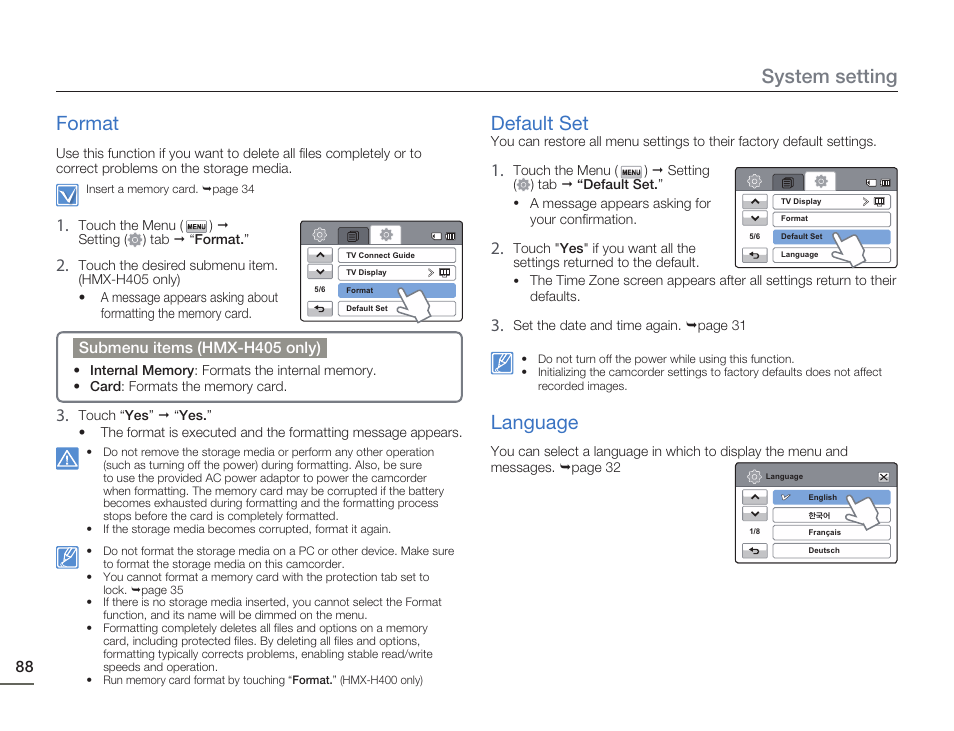 Format, Default set, Language | System setting format | Samsung HMX-H405BP User Manual | Page 88 / 121