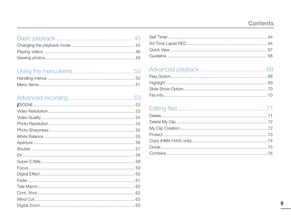 Contents basic playback, Using the menu items, Advanced recording | Advanced playback, Editing files | Samsung HMX-H405BP User Manual | Page 9 / 121