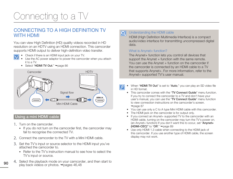 Connecting to a tv, Connecting to a high definition tvwith hdmi, Connecting to a high definition tv with hdmi | Samsung HMX-H405BP User Manual | Page 90 / 121