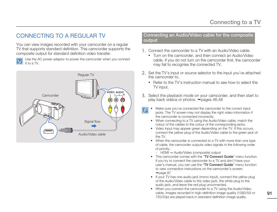 Connecting to a regular tv, Connecting to a tv connecting to a regular tv | Samsung HMX-H405BP User Manual | Page 91 / 121