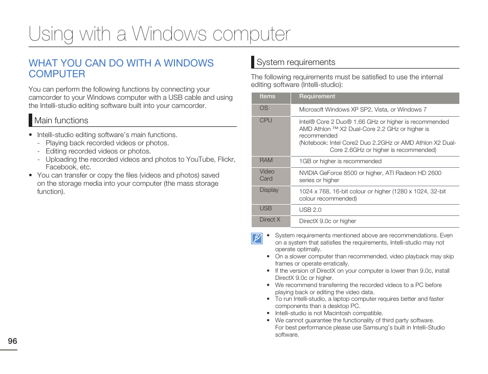Using with a windows computer, What you can do with a windows computer | Samsung HMX-H405BP User Manual | Page 96 / 121