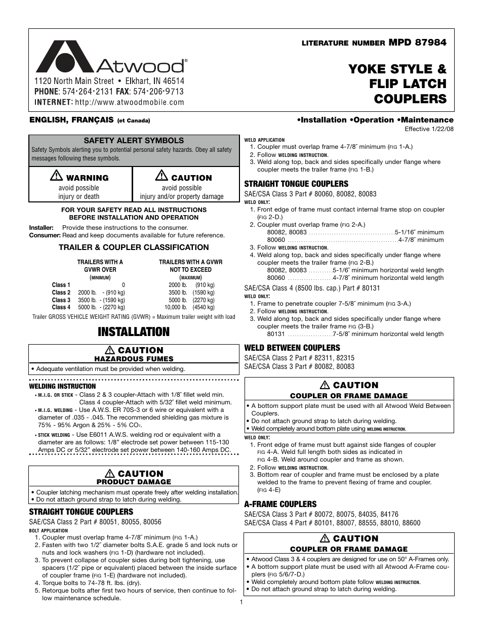 atwood Straight Tongue Couplers User Manual | 4 pages
