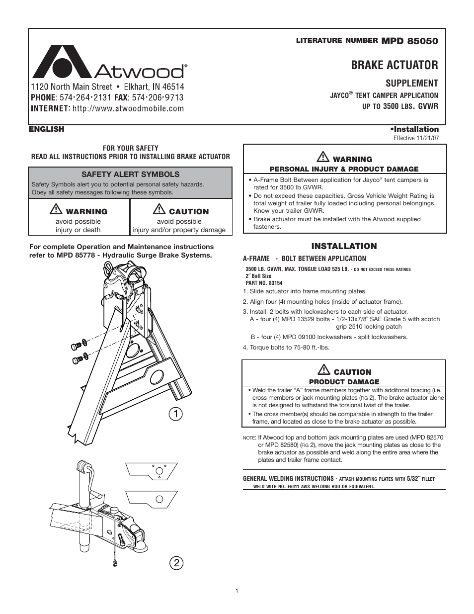 atwood Brake Actuator Supplement User Manual | 1 page