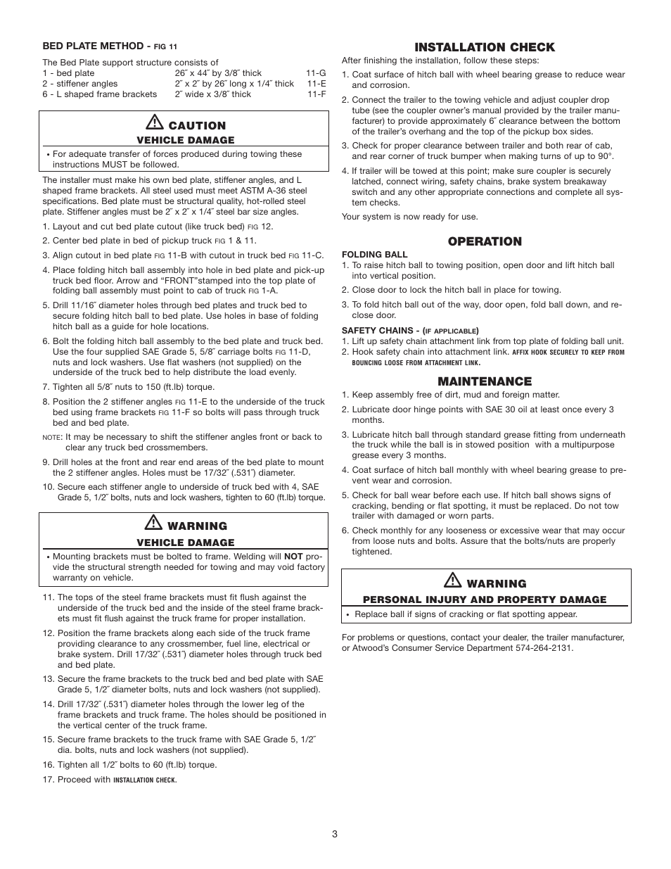 Installation check, Operation, Maintenance | atwood Folding Hitch Ball User Manual | Page 3 / 5