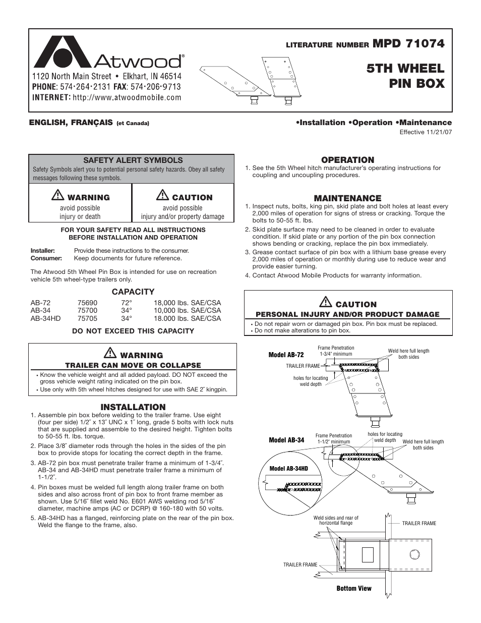 atwood 5th Wheel Pin Box User Manual | 1 page