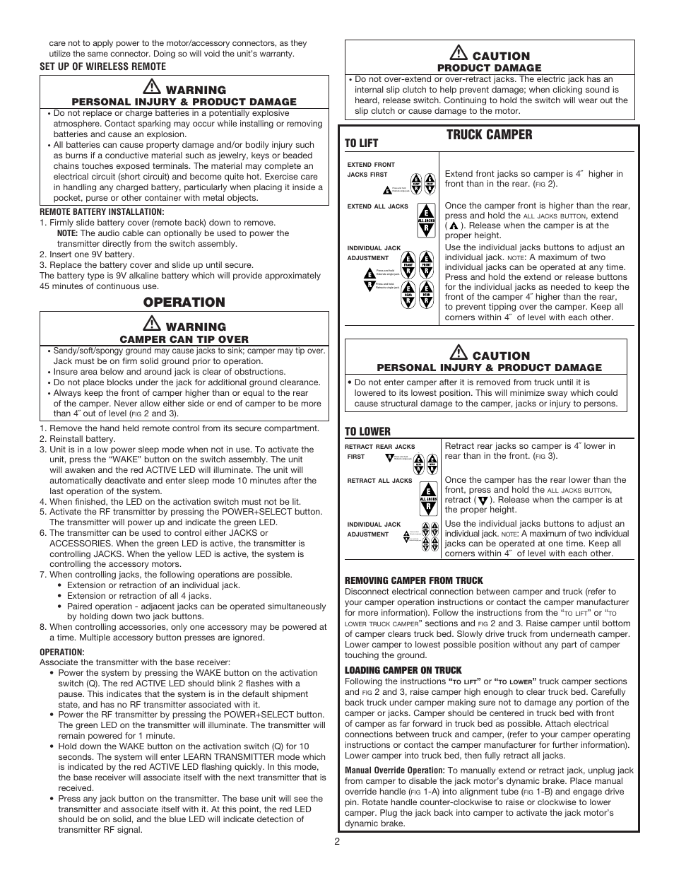 Truck camper, Operation, Caution | Warning | atwood Truck Camper Remote With Accessory Controlling Ability User Manual | Page 2 / 4