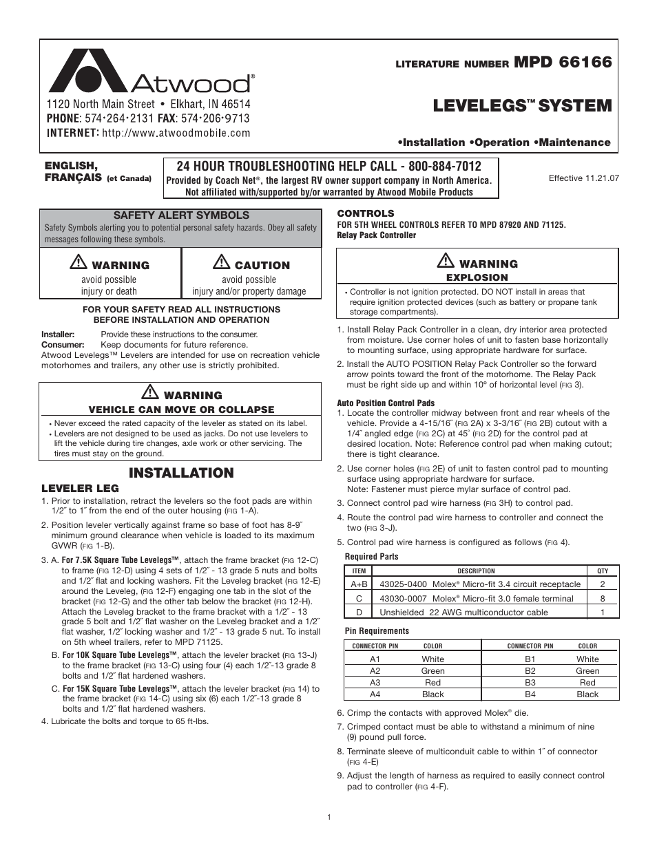 atwood Levelegs System User Manual | 7 pages