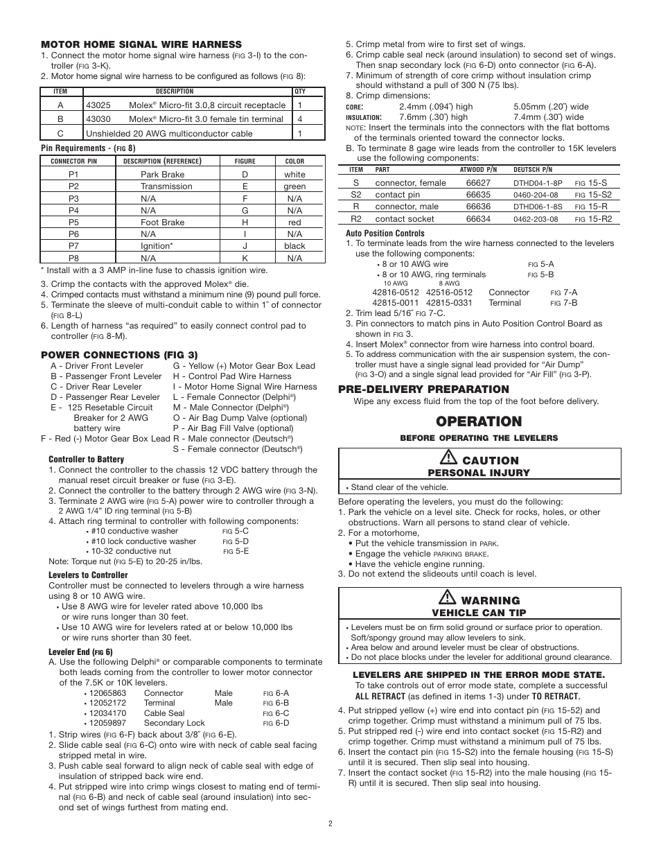 Operation, Pre-delivery preparation, Caution | Warning | atwood Levelegs System User Manual | Page 2 / 7