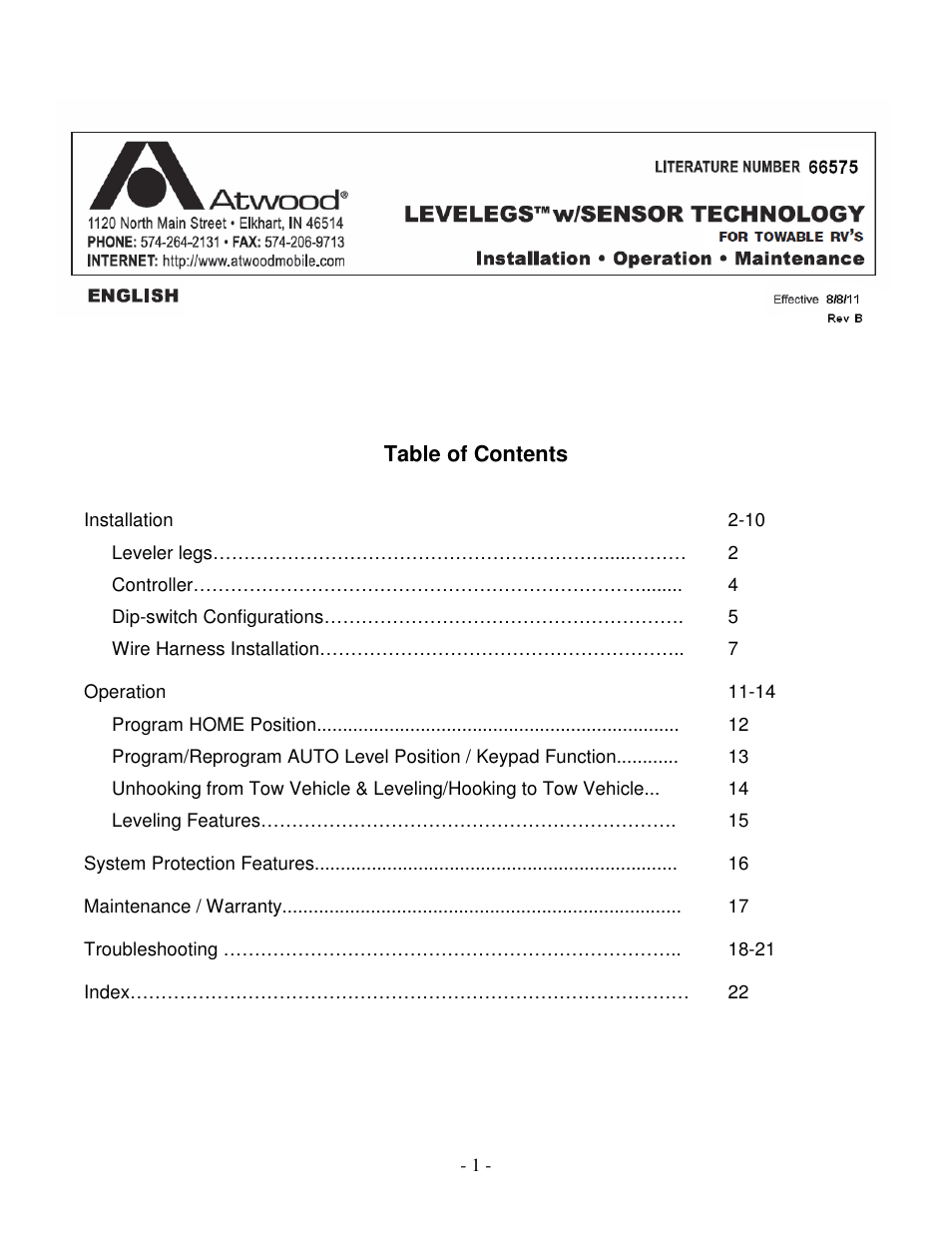 atwood Levelegs 5th Wheel Leveling IOM User Manual | 22 pages