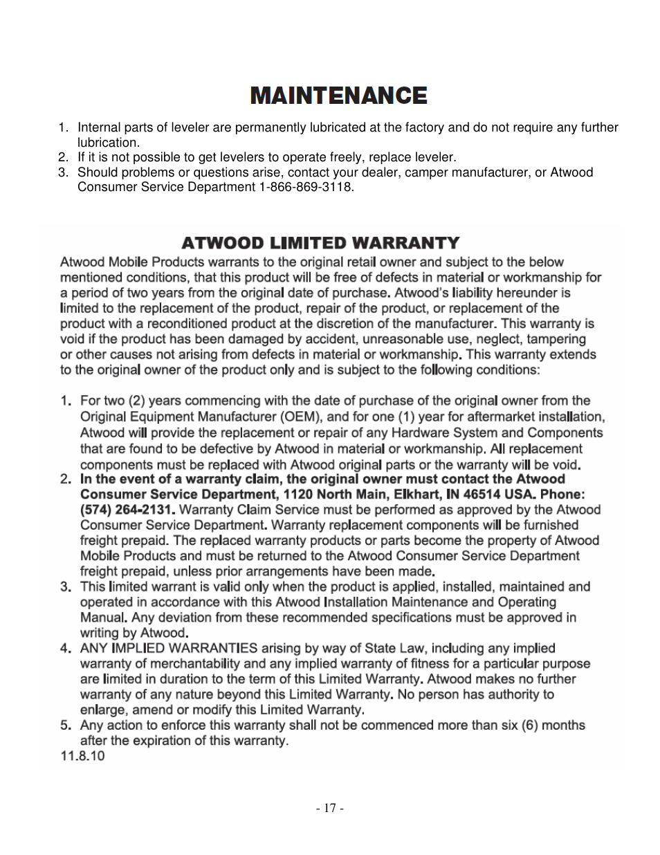 atwood Levelegs 5th Wheel Leveling IOM User Manual | Page 17 / 22