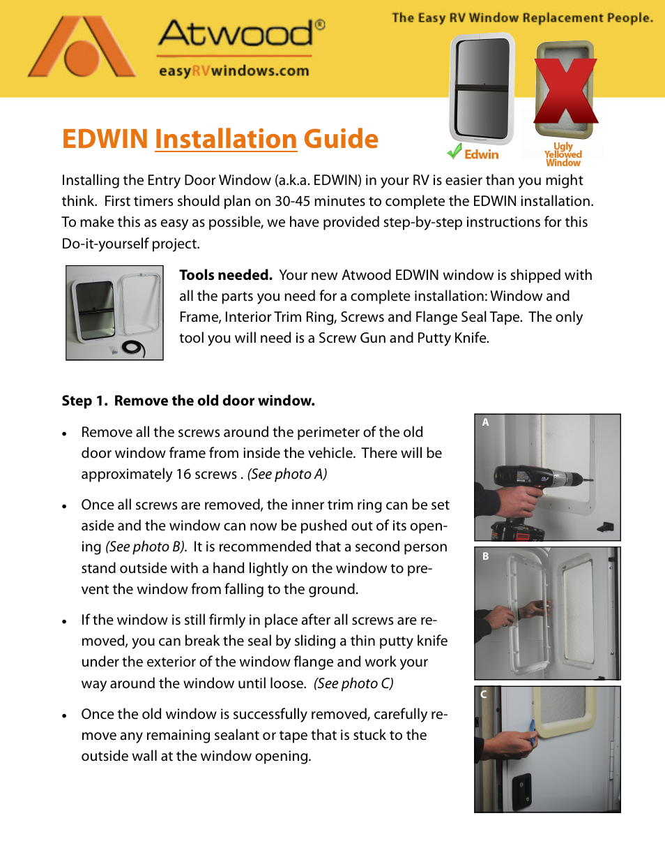 atwood EDWIN RV Entry Door Window User Manual | 2 pages