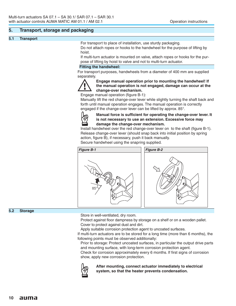 Transport, storage and packaging, 1 transport, 2 storage | Corrosion protection 10,56, Packaging 10, Storage 10, Transport 10 | AUMA Electric multi-turn actuators SA 07.1 - 16.1_SAR 07.1 - 16.1 MATIC AM 01.1 - 02.1 User Manual | Page 10 / 64