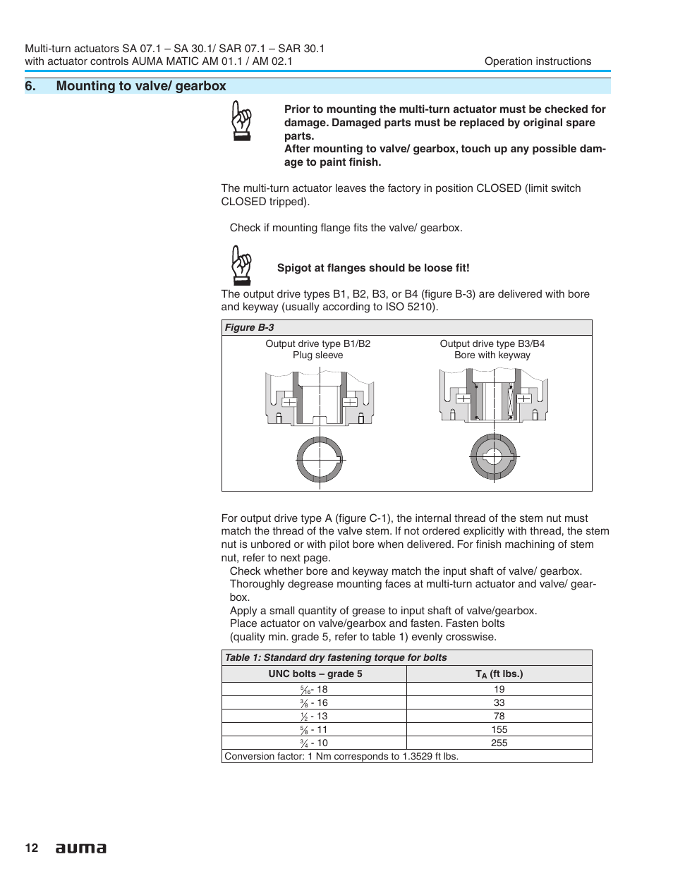 Mounting to valve/ gearbox, Mounting to valve/ gearbox 12, Output drive types 12 | AUMA Electric multi-turn actuators SA 07.1 - 16.1_SAR 07.1 - 16.1 MATIC AM 01.1 - 02.1 User Manual | Page 12 / 64