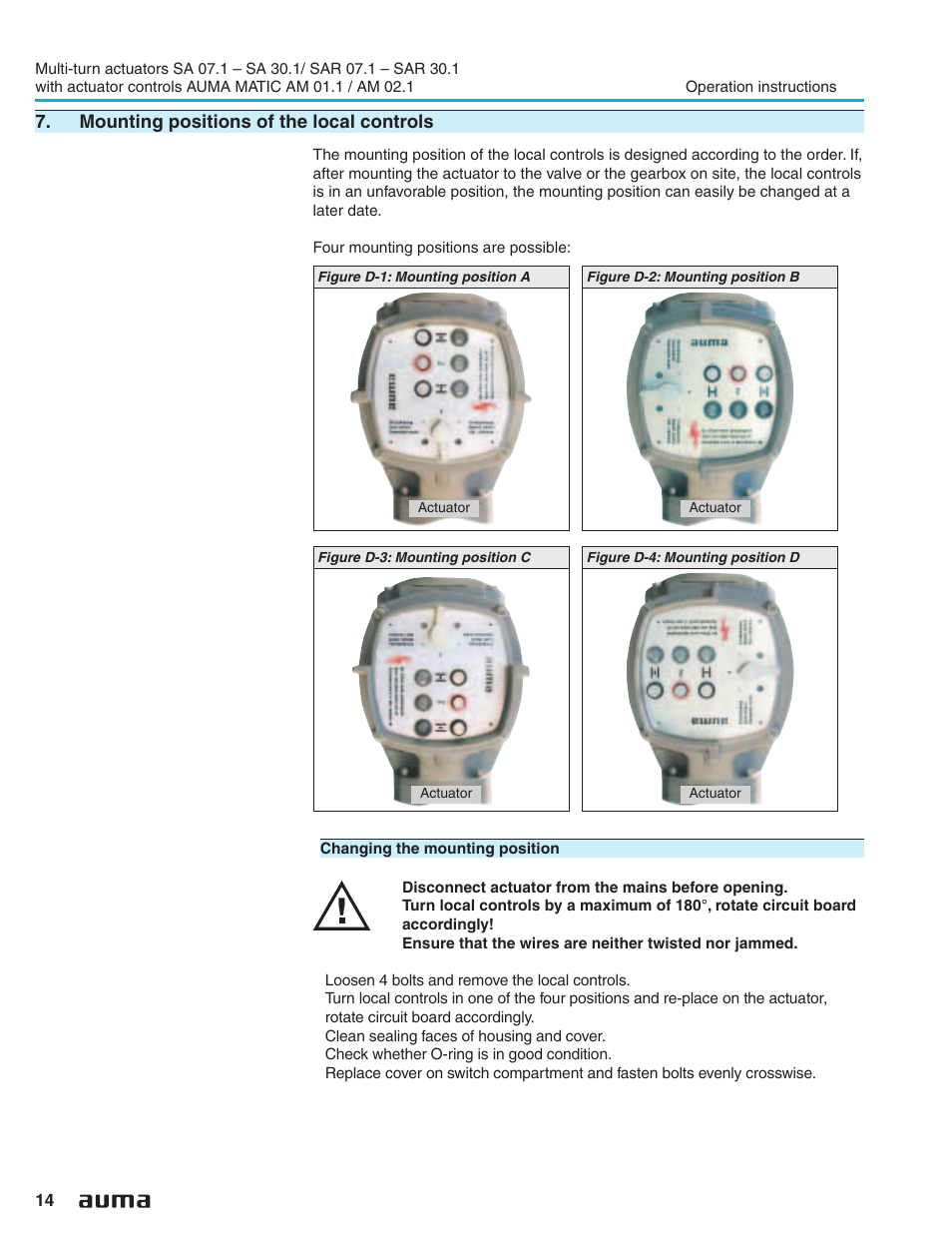 Mounting positions of the local controls, Electrical connection, Mounting positions of the local controls 14 | AUMA Electric multi-turn actuators SA 07.1 - 16.1_SAR 07.1 - 16.1 MATIC AM 01.1 - 02.1 User Manual | Page 14 / 64
