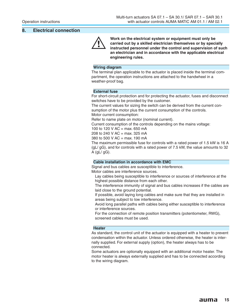 Disconnect switches 15, Electrical connection 15, Heater 15 | Position transmitter rwg 15,30, Short-circuit protection 15 | AUMA Electric multi-turn actuators SA 07.1 - 16.1_SAR 07.1 - 16.1 MATIC AM 01.1 - 02.1 User Manual | Page 15 / 64