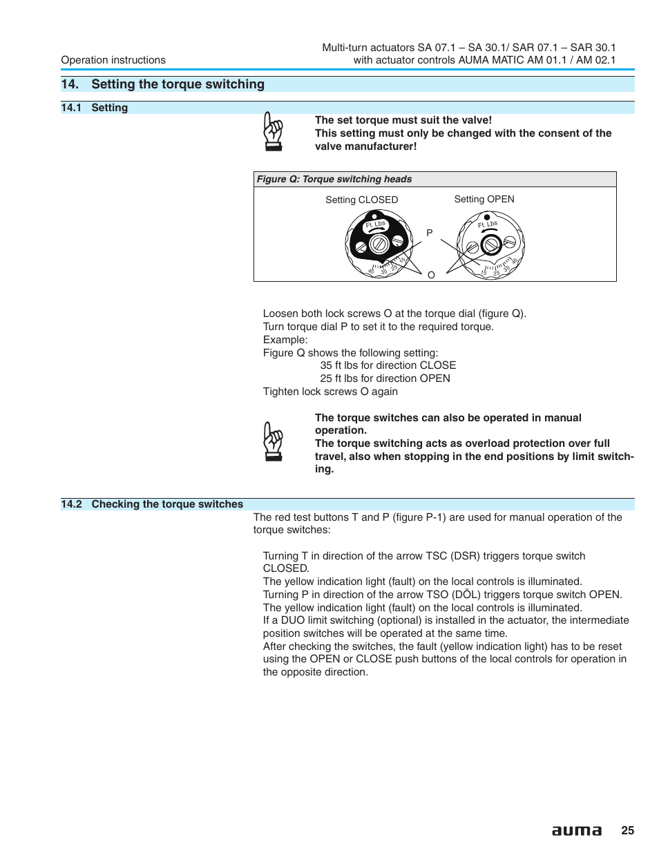 Setting the torque switching, 1 setting, 2 checking the torque switches | Torque setting 25, Tripping torque 25 | AUMA Electric multi-turn actuators SA 07.1 - 16.1_SAR 07.1 - 16.1 MATIC AM 01.1 - 02.1 User Manual | Page 25 / 64