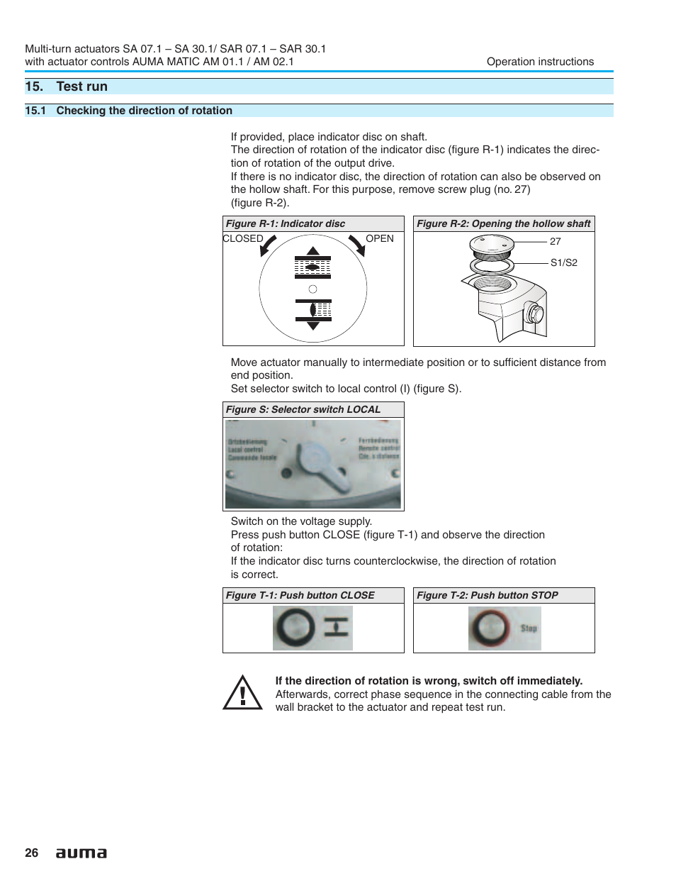 Test run, 1 checking the direction of rotation, Direction of rotation 26 | Test run 26 | AUMA Electric multi-turn actuators SA 07.1 - 16.1_SAR 07.1 - 16.1 MATIC AM 01.1 - 02.1 User Manual | Page 26 / 64