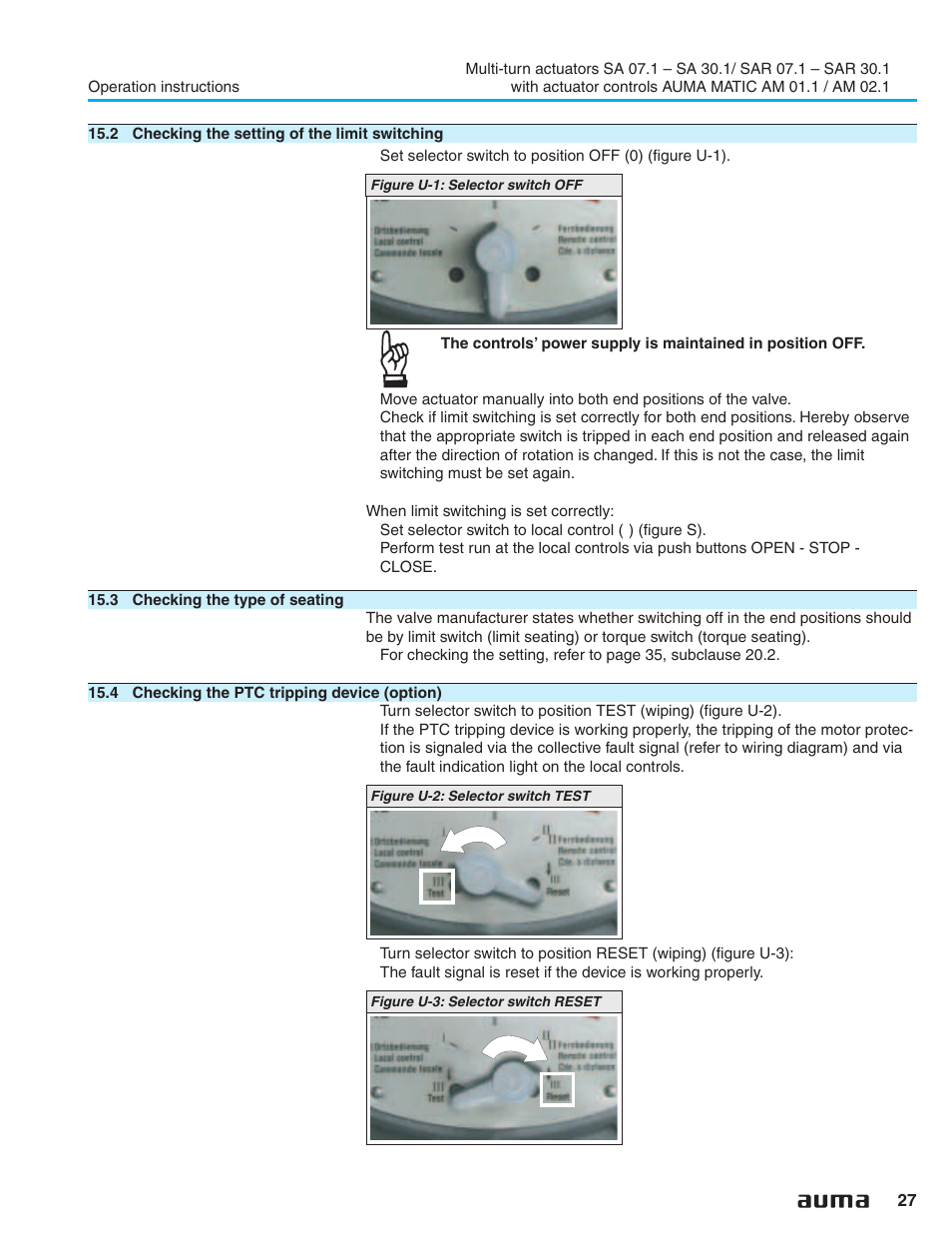 2 checking the setting of the limit switching, 3 checking the type of seating, 4 checking the ptc tripping device (option) | Local controls 27, Ptc tripping device 27, Reset (selector switch position) 27, Selector switch 27, Test (selector switch position) 27 | AUMA Electric multi-turn actuators SA 07.1 - 16.1_SAR 07.1 - 16.1 MATIC AM 01.1 - 02.1 User Manual | Page 27 / 64