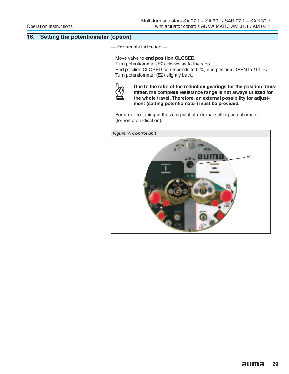 Setting the potentiometer (option), Potentiometer 29, Remote indication 29,30 | AUMA Electric multi-turn actuators SA 07.1 - 16.1_SAR 07.1 - 16.1 MATIC AM 01.1 - 02.1 User Manual | Page 29 / 64