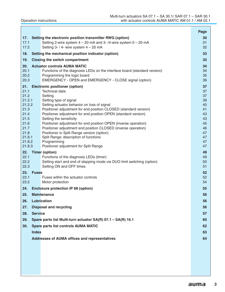 AUMA Electric multi-turn actuators SA 07.1 - 16.1_SAR 07.1 - 16.1 MATIC AM 01.1 - 02.1 User Manual | Page 3 / 64
