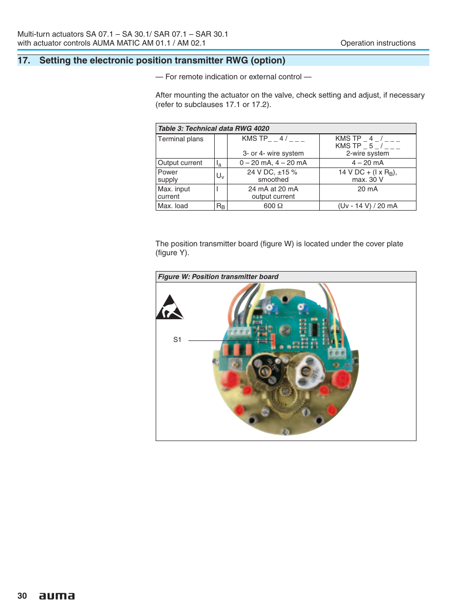 Electronic position transmitter rwg 30 | AUMA Electric multi-turn actuators SA 07.1 - 16.1_SAR 07.1 - 16.1 MATIC AM 01.1 - 02.1 User Manual | Page 30 / 64