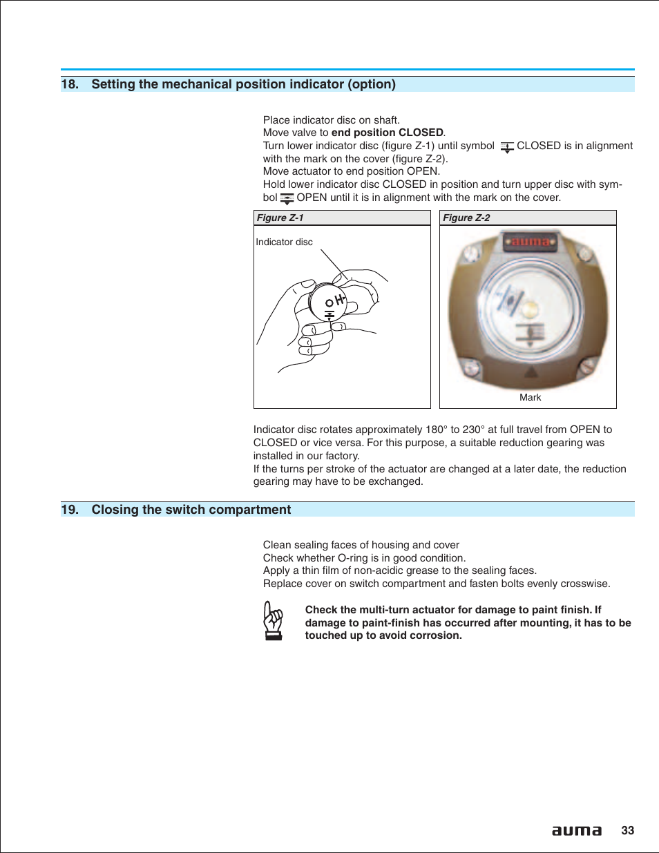Setting the mechanical position indicator (option), Closing the switch compartment, Mechanical position indicator 33 | Position indicator 33 | AUMA Electric multi-turn actuators SA 07.1 - 16.1_SAR 07.1 - 16.1 MATIC AM 01.1 - 02.1 User Manual | Page 33 / 64