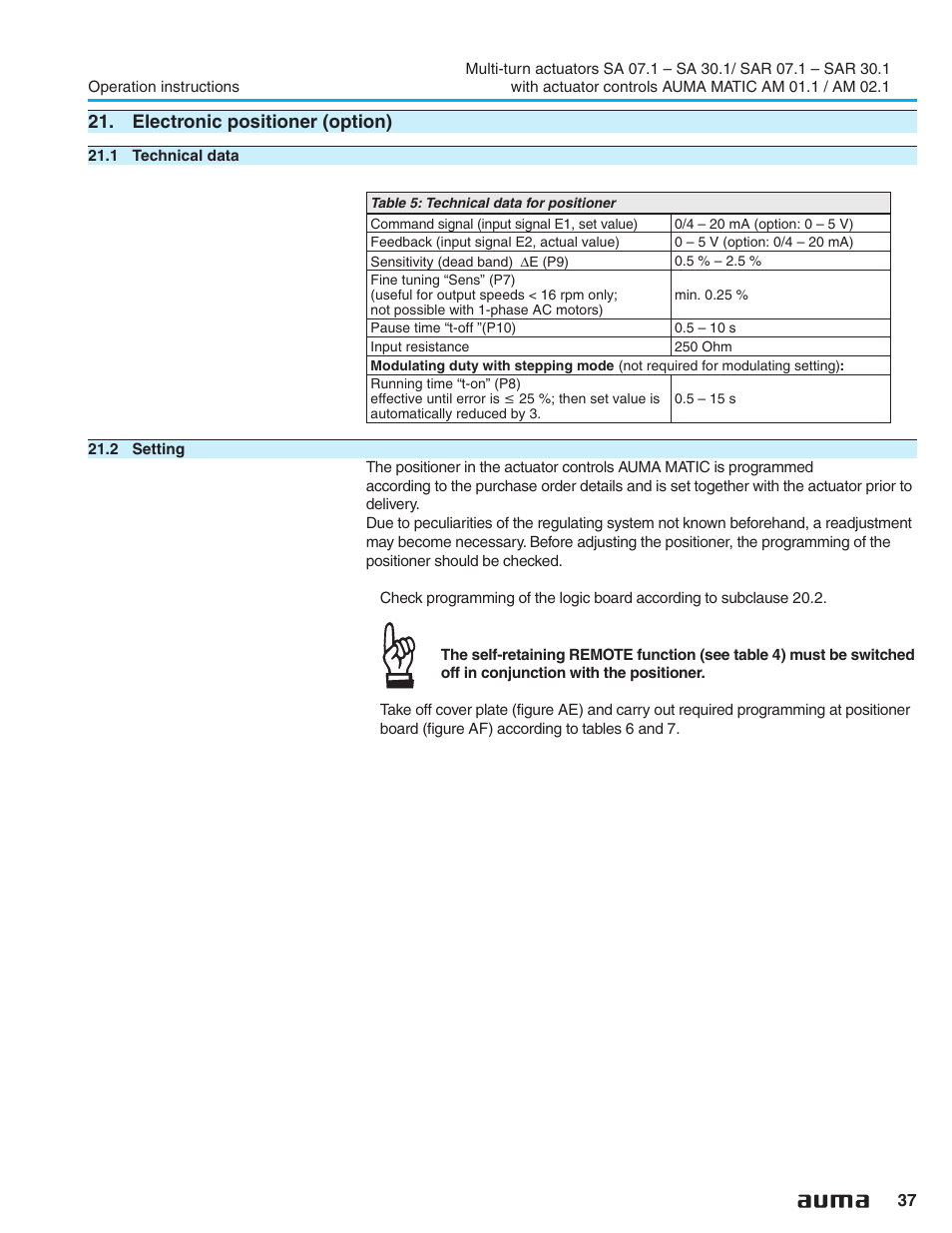 Electronic positioner (option), 1 technical data, 2 setting | Command signal 37,39,40, Pause time 37,51, Positioner 37, Running time 37,51 | AUMA Electric multi-turn actuators SA 07.1 - 16.1_SAR 07.1 - 16.1 MATIC AM 01.1 - 02.1 User Manual | Page 37 / 64