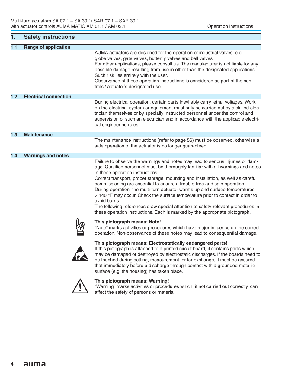 Safety instructions, 1 range of application, 2 electrical connection | 3 maintenance, 4 warnings and notes, Maintenance 4, Safety instructions 4 | AUMA Electric multi-turn actuators SA 07.1 - 16.1_SAR 07.1 - 16.1 MATIC AM 01.1 - 02.1 User Manual | Page 4 / 64