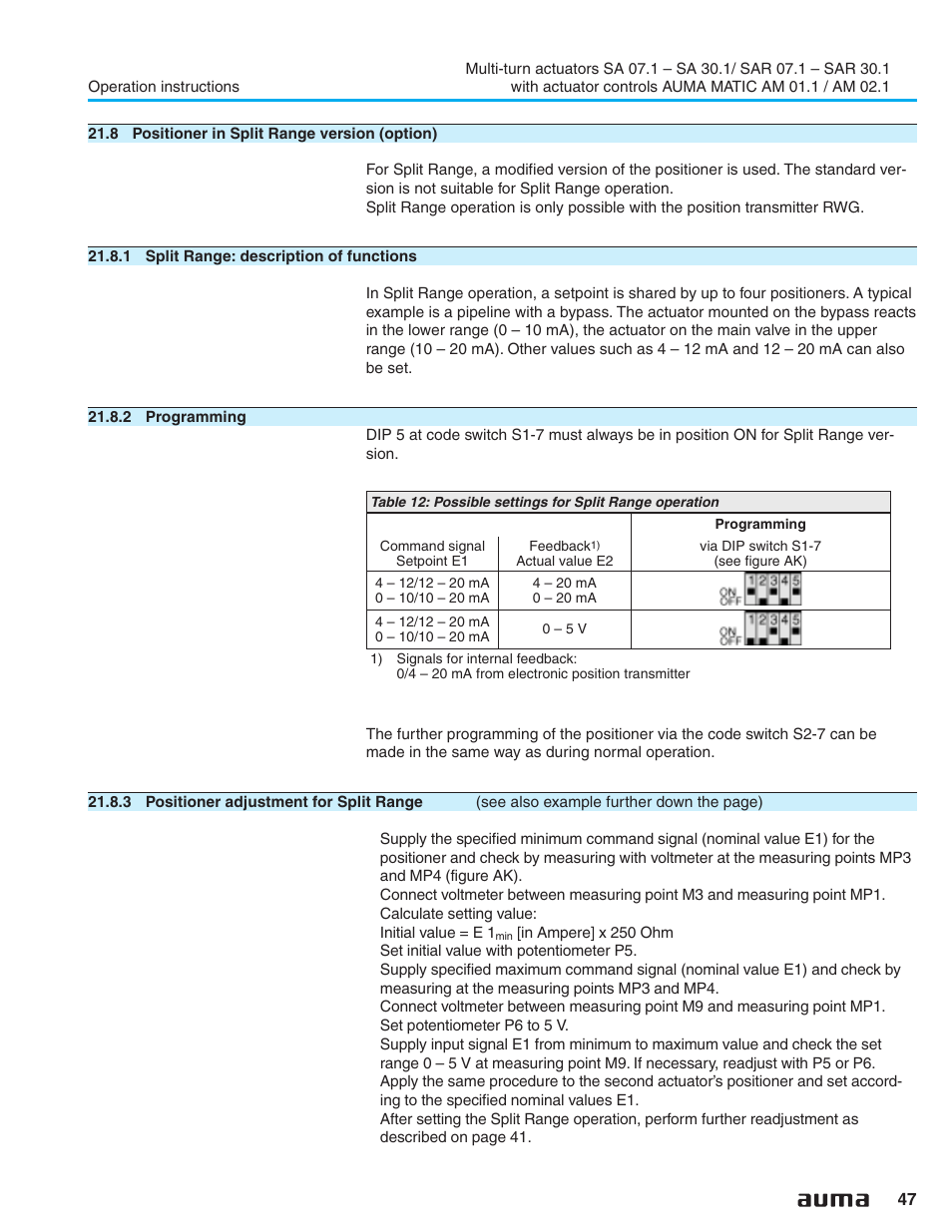 8 positioner in split range version (option), 1 split range: description of functions, 2 programming | 3 positioner adjustment for split range, Split range version 47 | AUMA Electric multi-turn actuators SA 07.1 - 16.1_SAR 07.1 - 16.1 MATIC AM 01.1 - 02.1 User Manual | Page 47 / 64