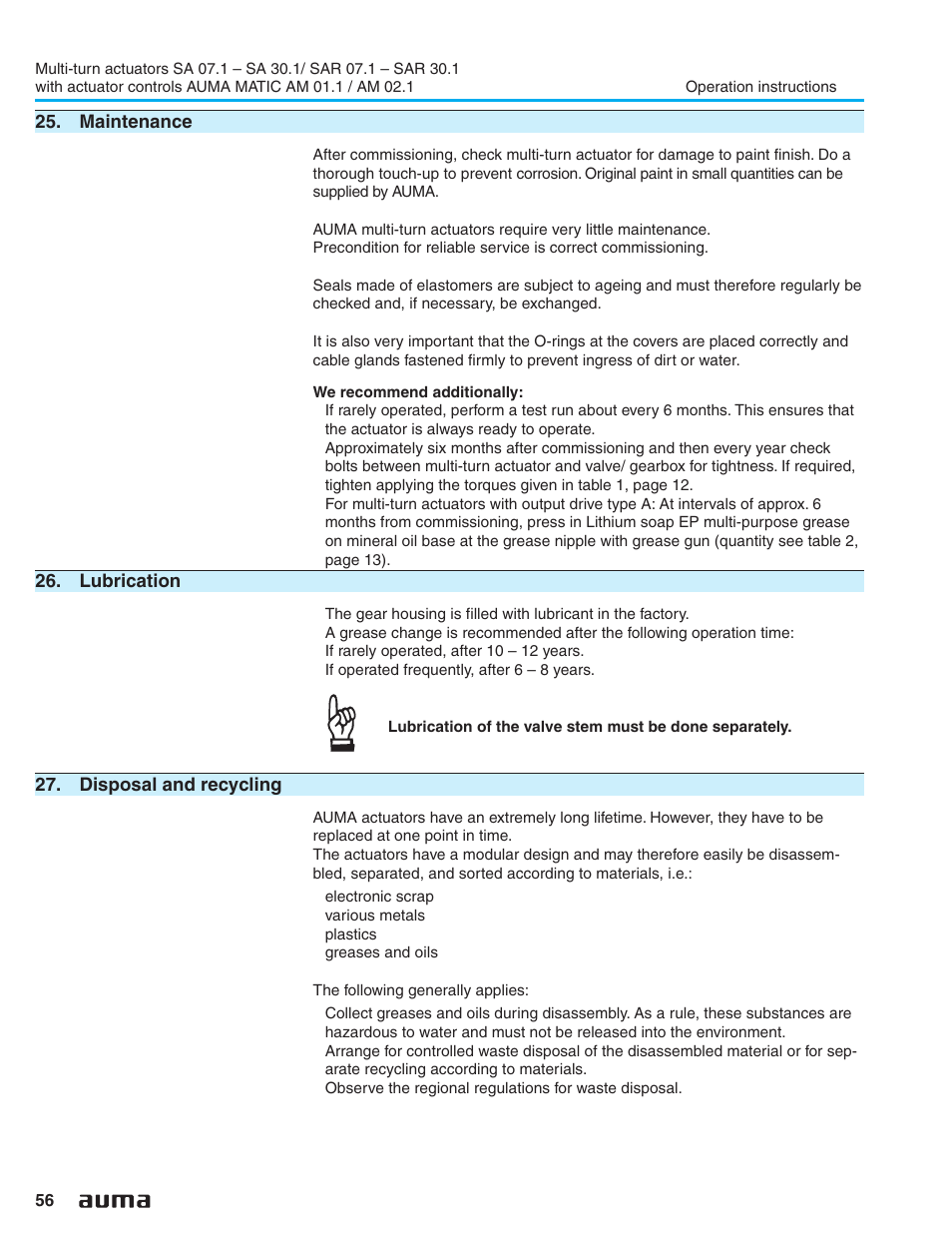 Maintenance, Lubrication, Disposal and recycling | Disposal and recycling 56, Lubrication 56 | AUMA Electric multi-turn actuators SA 07.1 - 16.1_SAR 07.1 - 16.1 MATIC AM 01.1 - 02.1 User Manual | Page 56 / 64