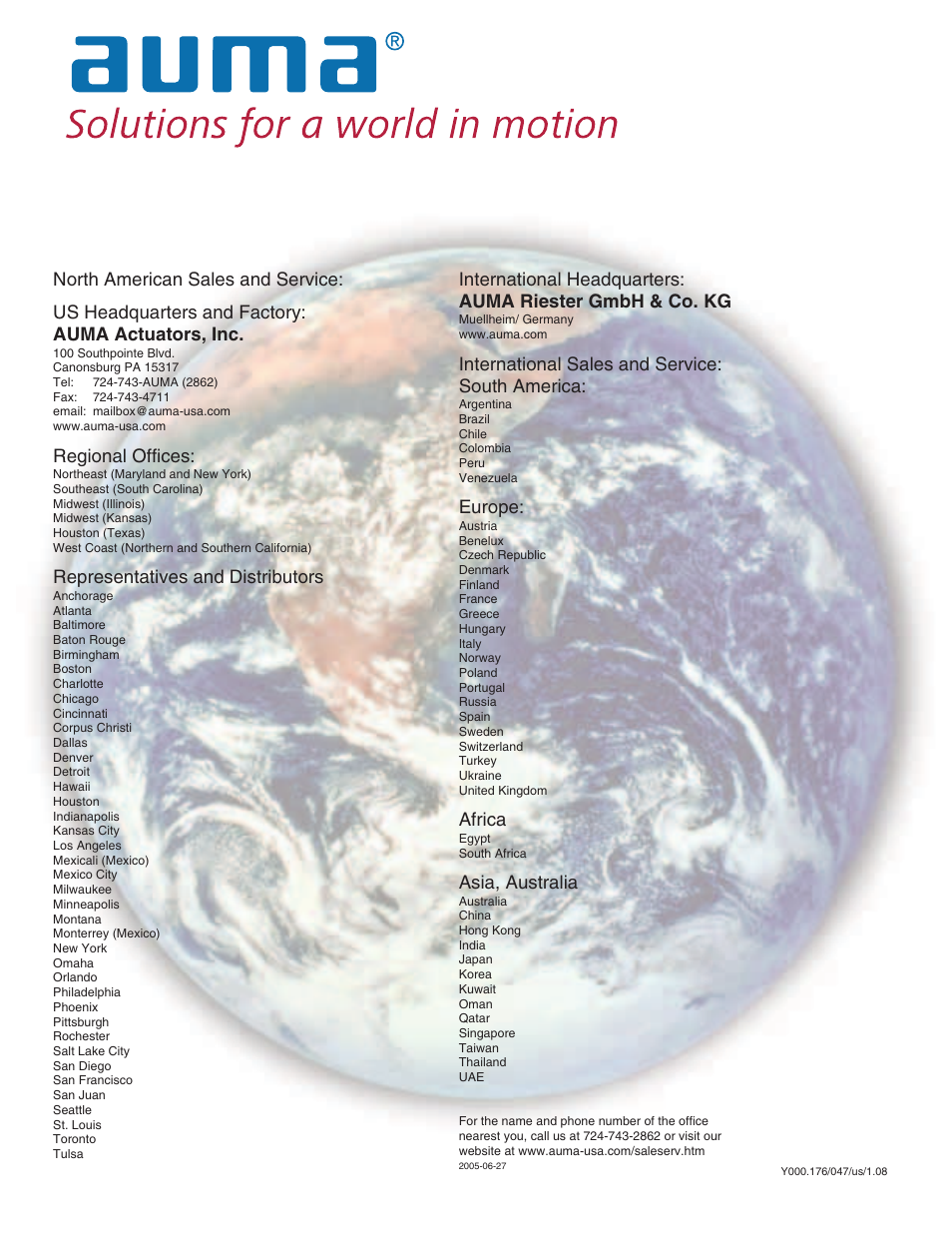Regional offices, Representatives and distributors, International sales and service: south america | Europe, Africa, Asia, australia | AUMA Electric multi-turn actuators SA 07.1 - 16.1_SAR 07.1 - 16.1 MATIC AM 01.1 - 02.1 User Manual | Page 64 / 64