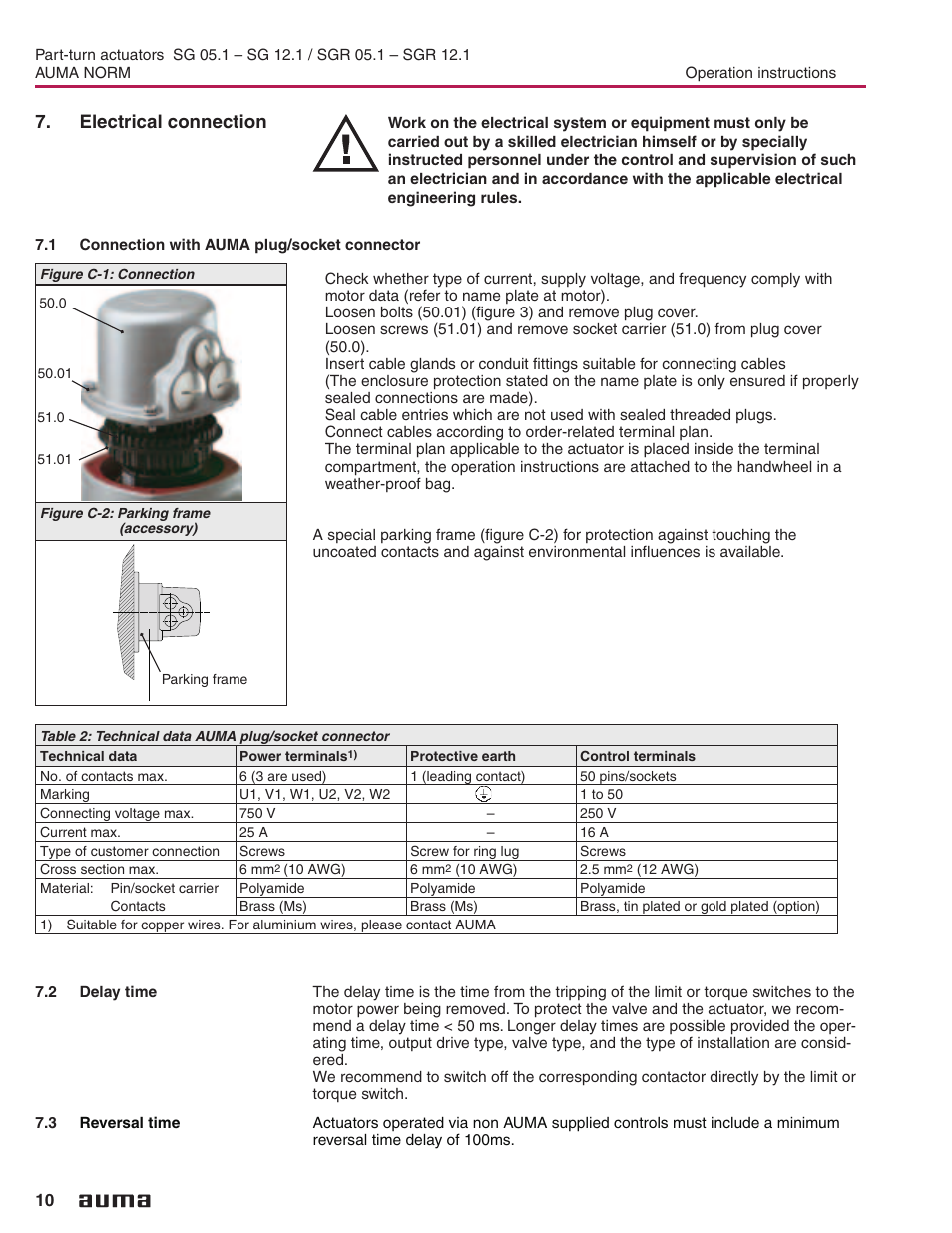 Electrical connection, 1 connection with auma plug/socket connector, 2 delay time | 3 reversal time, Delay time 10, Electrical connection 10, Mounting to valve, Connection with auma plug/socket connector | AUMA Electric part-turn actuators SG 05.1 - 12.1_SGR 05.1 - 12.1 NORM User Manual | Page 10 / 32