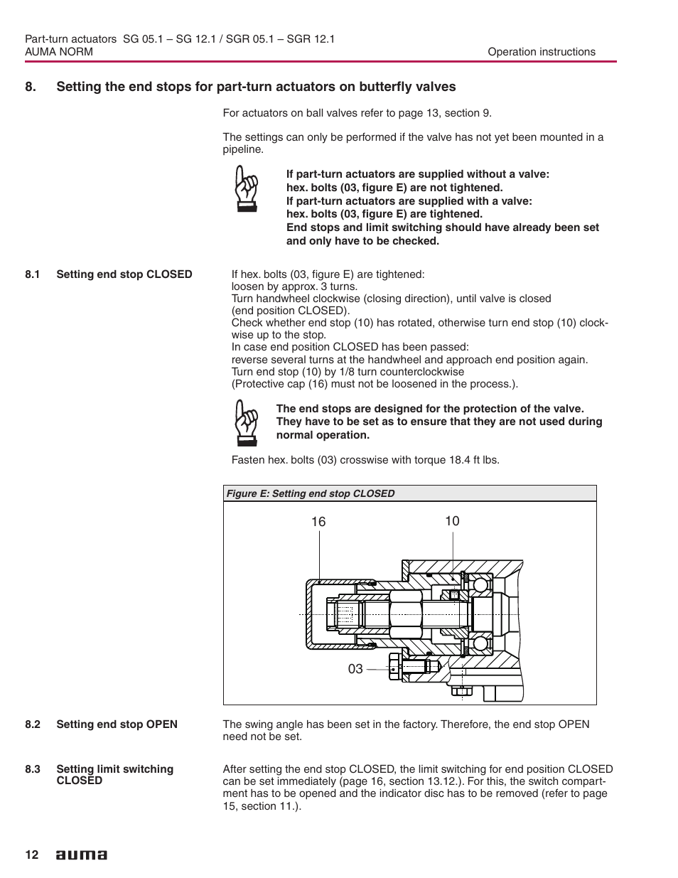 1 setting end stop closed, 2 setting end stop open, 3 setting limit switchingclosed | End stops 12, Sg on butterfly valves 12, Limit and torque switches, Fitting the cover, Setting end stop closed | AUMA Electric part-turn actuators SG 05.1 - 12.1_SGR 05.1 - 12.1 NORM User Manual | Page 12 / 32