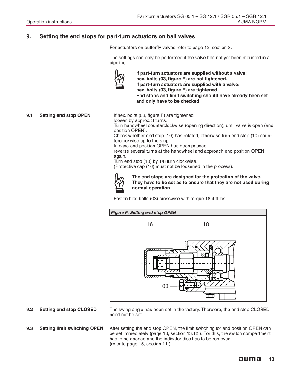 1 setting end stop open, 2 setting end stop closed, 3 setting limit switching open | Sg on ball valves 13, Setting end stop open, Setting limit switching closed, Alves | AUMA Electric part-turn actuators SG 05.1 - 12.1_SGR 05.1 - 12.1 NORM User Manual | Page 13 / 32