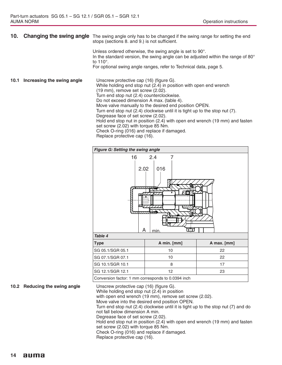 Changing the swing angle, 1 increasing the swing angle, 2 reducing the swing angle | Swing angle 14, Setting end stop closed, Setting limit switching open, Hanging the swing angle | AUMA Electric part-turn actuators SG 05.1 - 12.1_SGR 05.1 - 12.1 NORM User Manual | Page 14 / 32