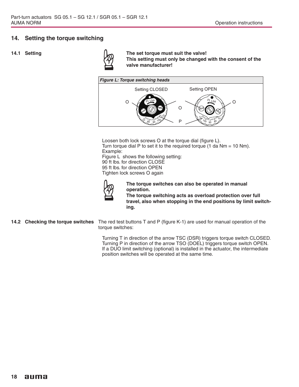 Setting the torque switching, 1 setting, 2 checking the torque switches | Torque setting 18, Tripping torque 18, Setting the duo limit switching (option) | AUMA Electric part-turn actuators SG 05.1 - 12.1_SGR 05.1 - 12.1 NORM User Manual | Page 18 / 32