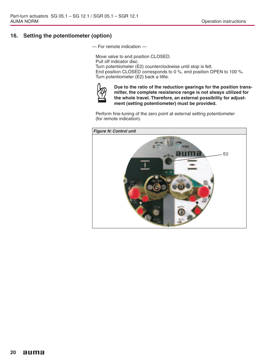 Setting the potentiometer (option), Potentiometer 20, Remote indication 20,21 | Setting the torque switching | AUMA Electric part-turn actuators SG 05.1 - 12.1_SGR 05.1 - 12.1 NORM User Manual | Page 20 / 32