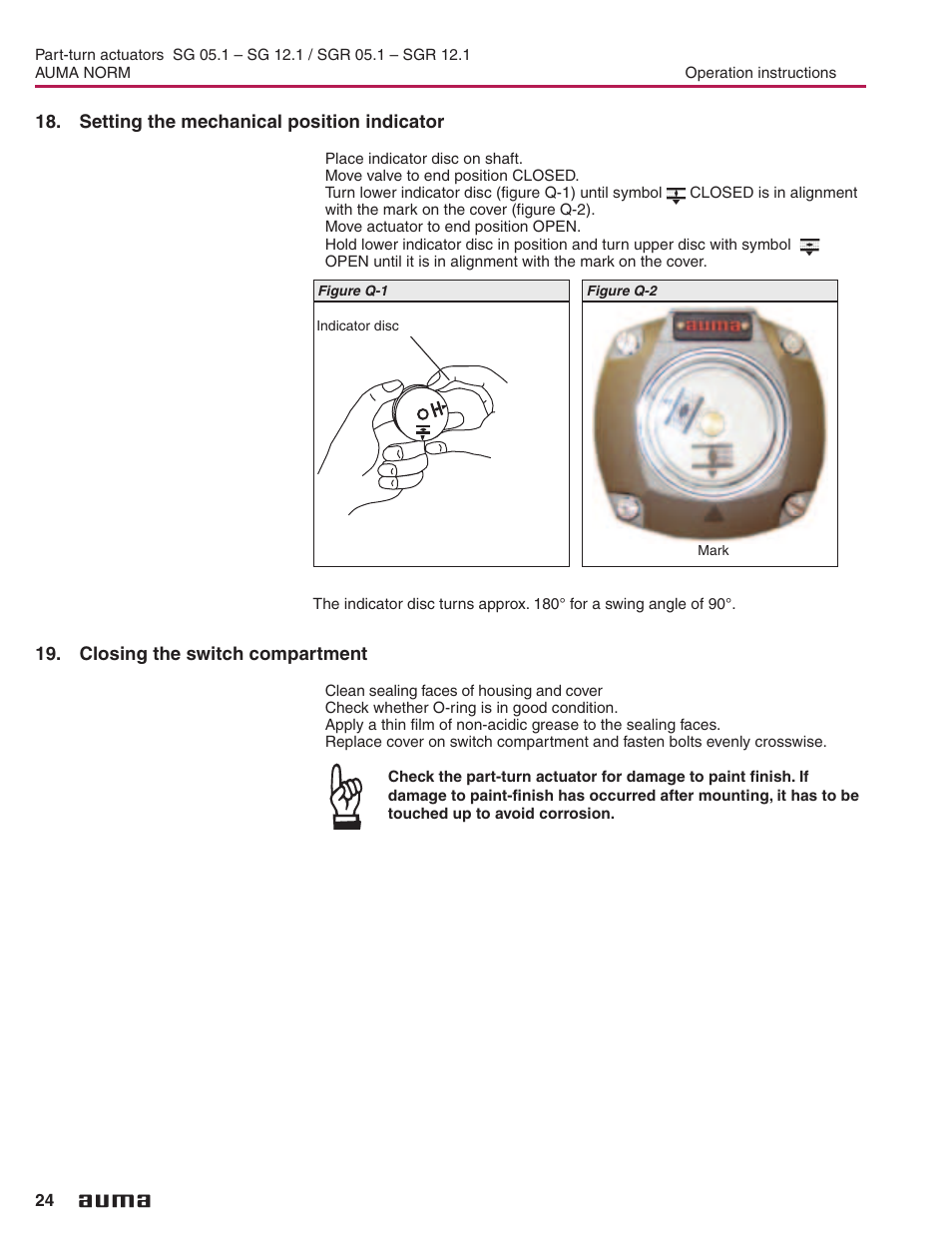 Setting the mechanical position indicator, Closing the switch compartment, Indicator disc 24 | Mechanical position indicator 24, Position indicator 24, Checking the limit switching, Setting the potentiometer (option) | AUMA Electric part-turn actuators SG 05.1 - 12.1_SGR 05.1 - 12.1 NORM User Manual | Page 24 / 32