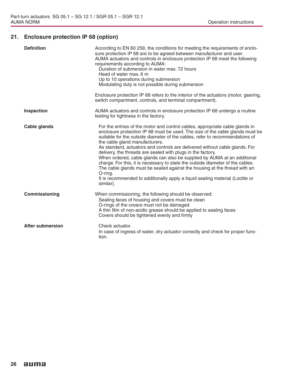 Enclosure protection ip 68 (option), Enclosure protection ip 68 26 | AUMA Electric part-turn actuators SG 05.1 - 12.1_SGR 05.1 - 12.1 NORM User Manual | Page 26 / 32
