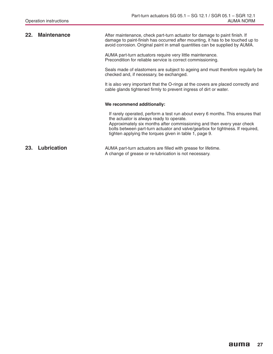 Maintenance, Lubrication, Lubrication 27 | Setting 3-/4- wire system 4 – 20 ma, Setting the mechanical position indicator | AUMA Electric part-turn actuators SG 05.1 - 12.1_SGR 05.1 - 12.1 NORM User Manual | Page 27 / 32