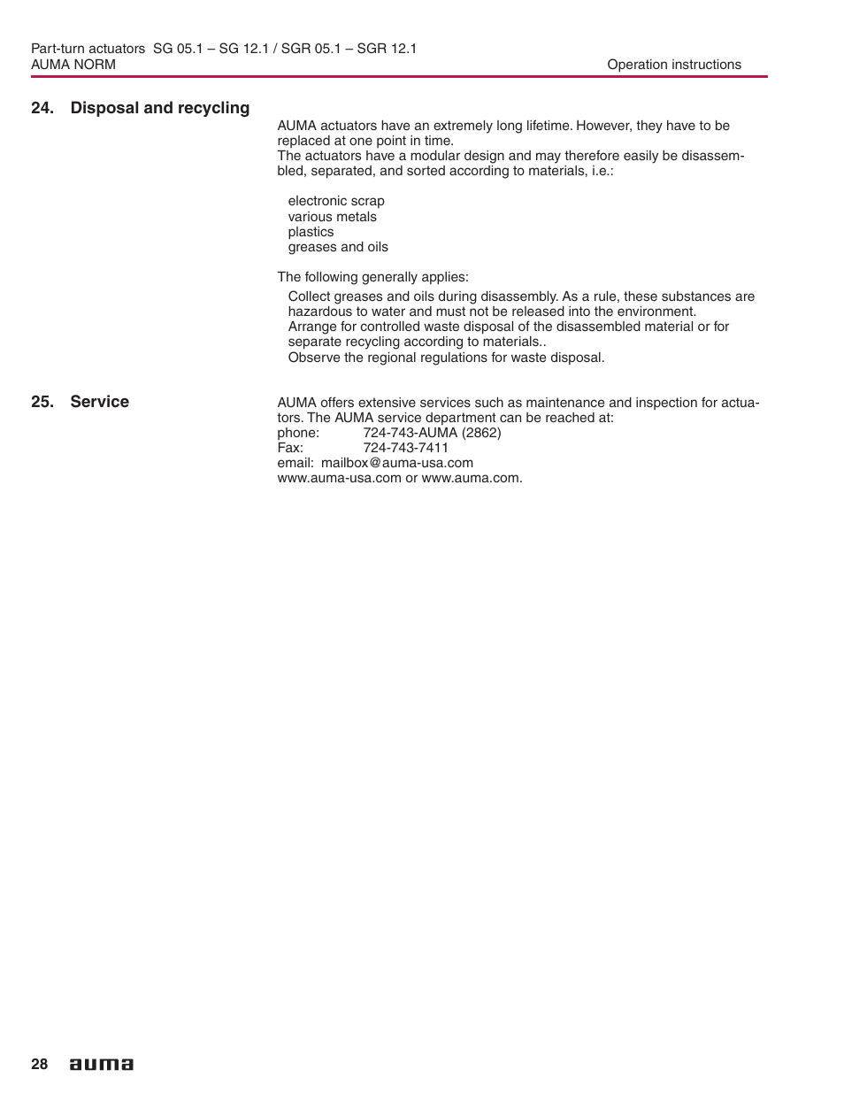 Disposal and recycling, Service, Service 28 | Closing the switch compartment, Setting the operating time | AUMA Electric part-turn actuators SG 05.1 - 12.1_SGR 05.1 - 12.1 NORM User Manual | Page 28 / 32