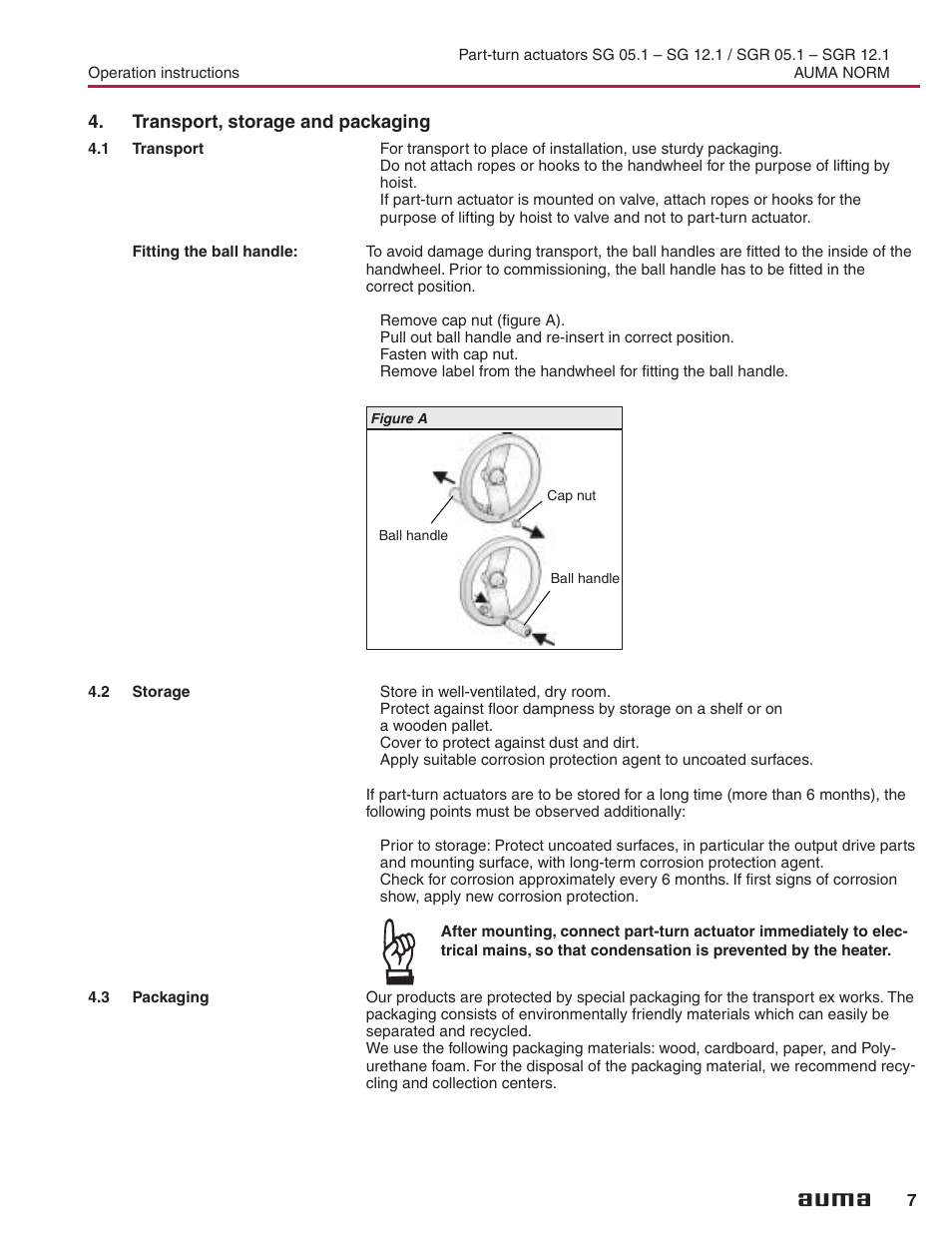 Transport, storage and packaging, 1 transport, 2 storage | 3 packaging, Corrosion protection 7,27, Fitting the ball handle 7, Packaging 7, Storage 7, Transport 7, Hnical data | AUMA Electric part-turn actuators SG 05.1 - 12.1_SGR 05.1 - 12.1 NORM User Manual | Page 7 / 32