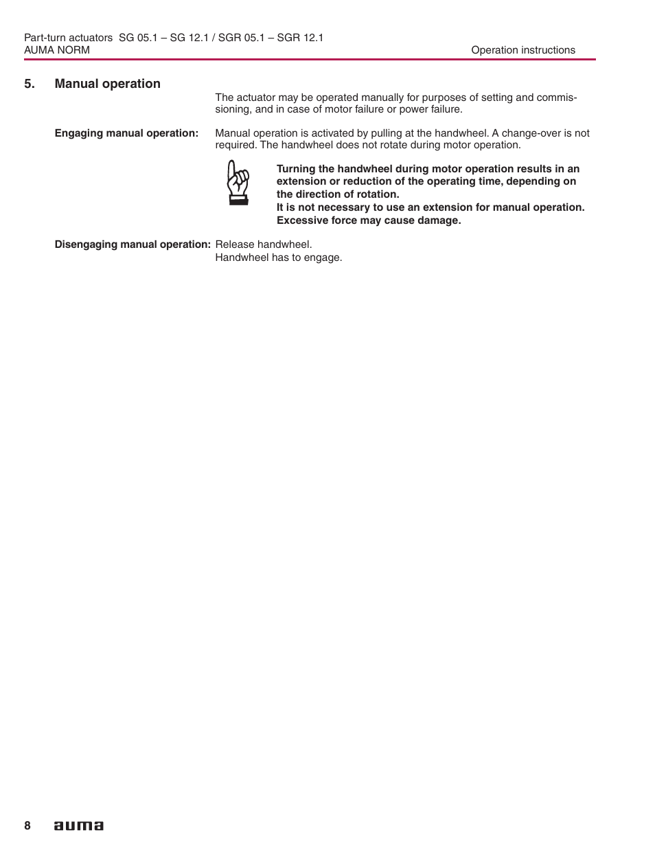 Manual operation, Handwheel 8, Manual operation 8 | Storage | AUMA Electric part-turn actuators SG 05.1 - 12.1_SGR 05.1 - 12.1 NORM User Manual | Page 8 / 32