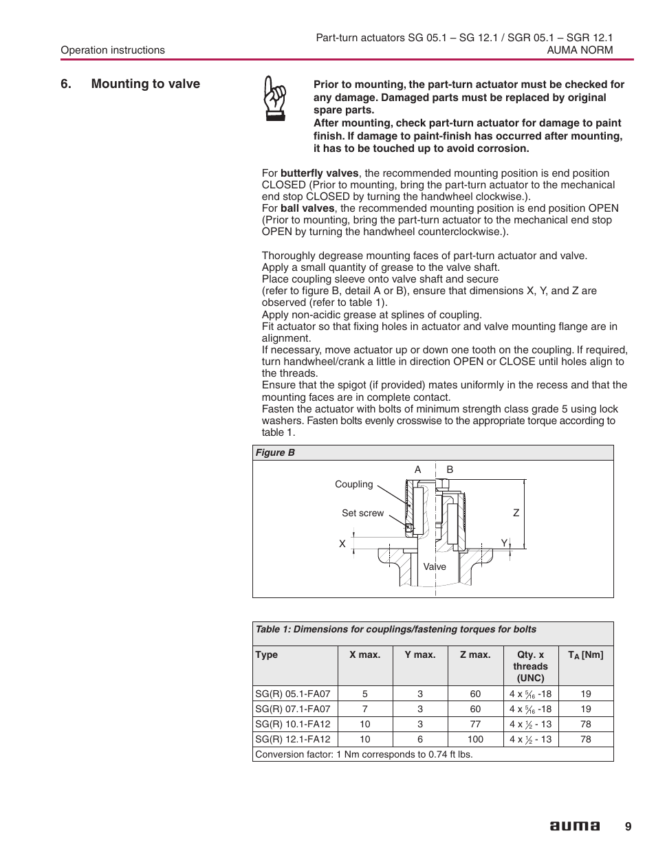 Mounting to valve, Mounting to valve 9 | AUMA Electric part-turn actuators SG 05.1 - 12.1_SGR 05.1 - 12.1 NORM User Manual | Page 9 / 32
