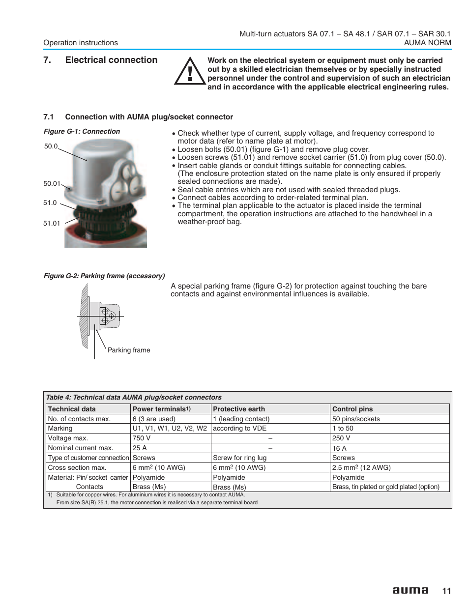 Electrical connection, 1 connection with auma plug/socket connector, Electrical connection 11 | Connection with auma plug/socket connector | AUMA Electric multi-turn actuators SA 07.1 - 48.1_SAR 07.1 - 30.1 NORM User Manual | Page 11 / 32