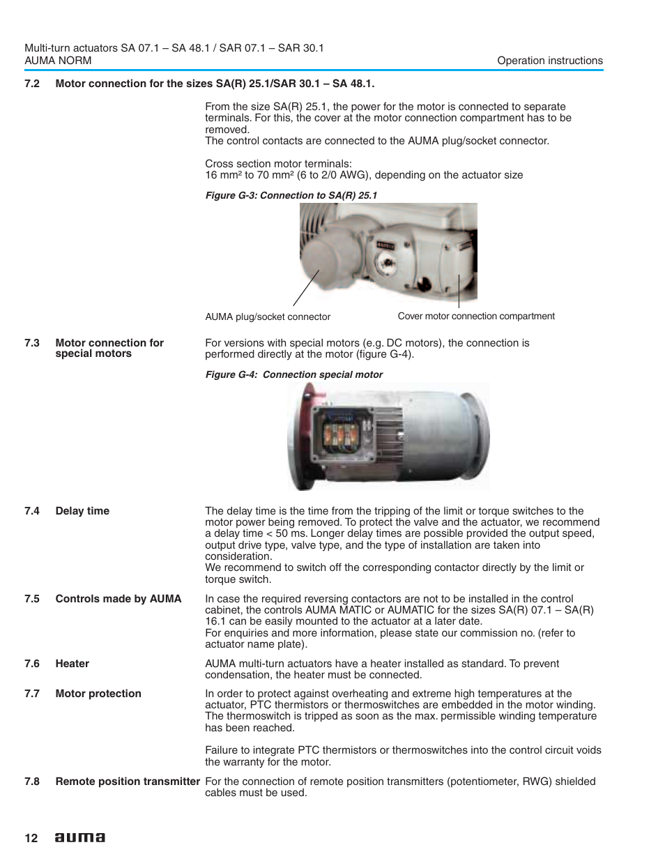 3 motor connection for special motors, 4 delay time, 5 controls made by auma | 6 heater, 7 motor protection, 8 remote position transmitter, Heater 12, Motor protection 12, Ptc thermistors 12, Thermoswitches 12 | AUMA Electric multi-turn actuators SA 07.1 - 48.1_SAR 07.1 - 30.1 NORM User Manual | Page 12 / 32