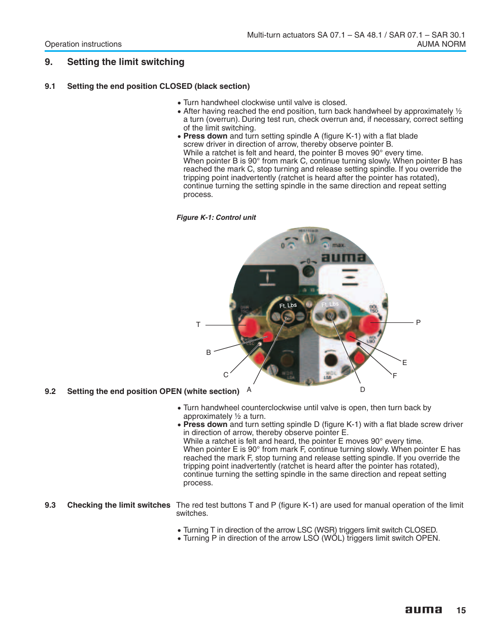 Setting the limit switching, 1 setting the end position closed (black section), 2 setting the end position open (white section) | 3 checking the limit switches, Limit switching 15,16, Setting the end position closed (black section), Setting the end position open (white section), Checking the limit switches | AUMA Electric multi-turn actuators SA 07.1 - 48.1_SAR 07.1 - 30.1 NORM User Manual | Page 15 / 32